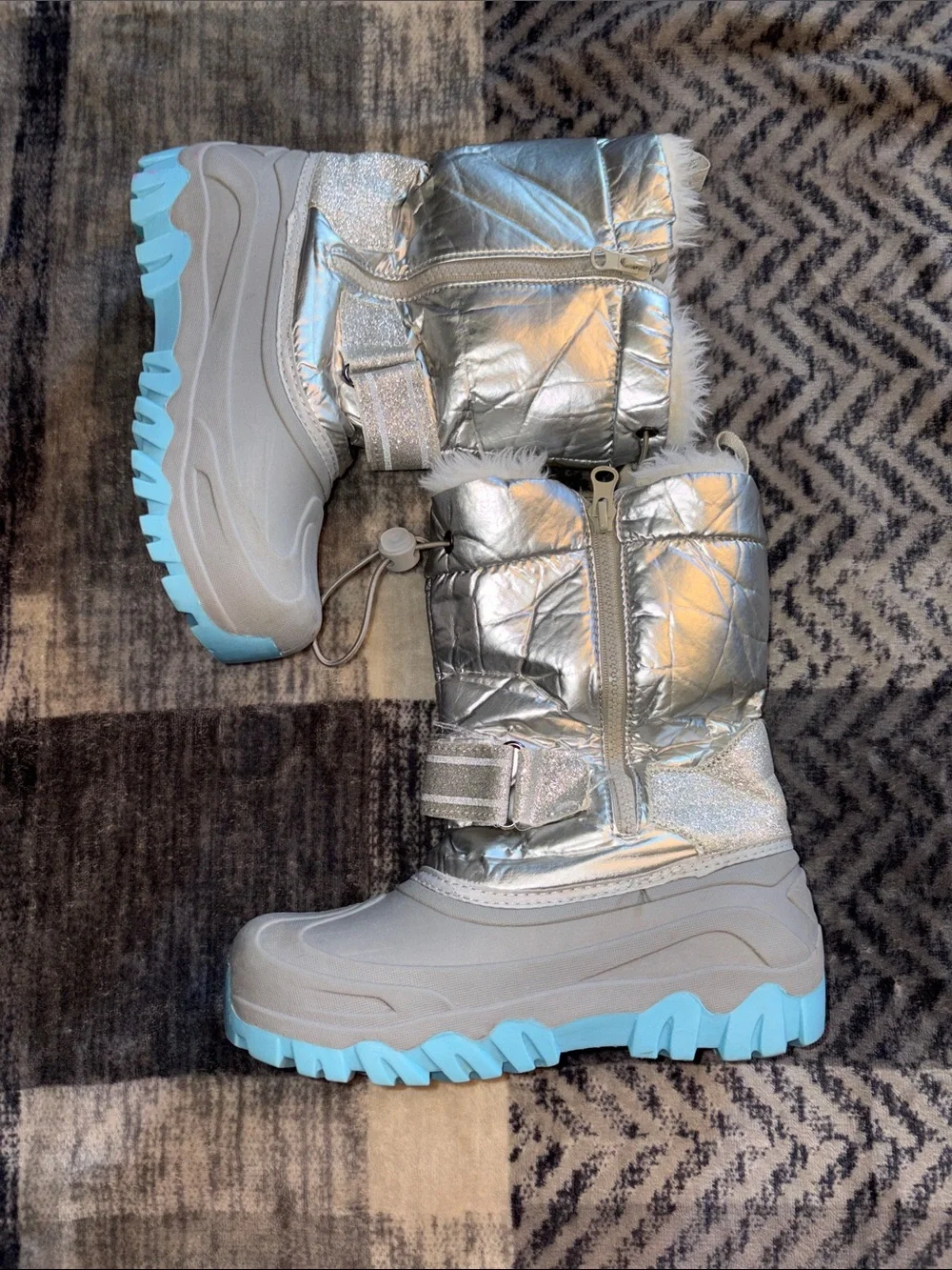 Kids Silver and Light Blue Insulated Snow Boots with Faux-Fur Cuff